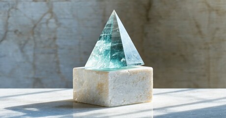 Poster - Pyramid rests upon square base. Light reflects, creating shadows. Minimalist composition, neutral tones, serene aesthetic. Stone textures visible.
