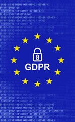 Poster - Flat graphic is showing padlock icon above GDPR text with EU stars on blue binary code