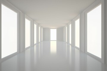 Poster - Flat design corridor is showcasing glossy white floor; windows are lining sides toward tall doorway