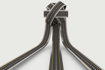 Poster - Asphalt ribbons with dashed centers and yellow edges are weaving into intricate knot in flat design