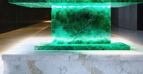 Poster - Elegant table features vibrant green stone pedestal. Marble base provides contrast, creating luxurious interior design element.