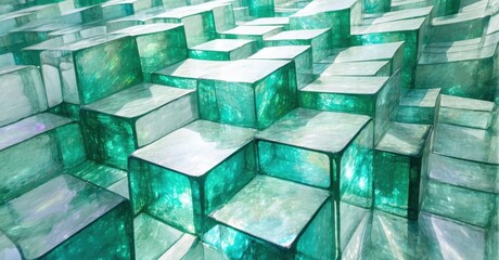 Poster - Abstract cubical structures, teal hues, layered composition. Light reflects, creating depth, texture, visual complexity.