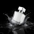 © youngdae - 검은색 배경 위로 물보라를 일으키며 솟아오르는 은색 향수병, 고급스럽고 세련된 분위기를 자아내는 제품 이미지