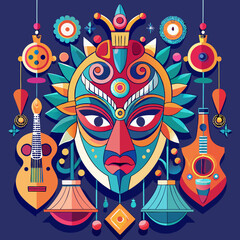 Poster - Vibrant Tribal Mask Design with Musical Instruments and Floral Elements a bold colorful artwork perfect for branding projects