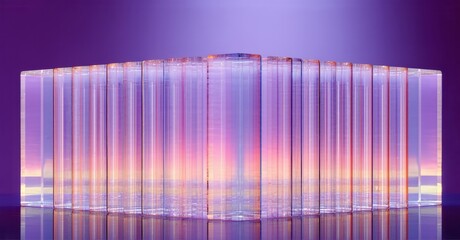 Poster - Abstract installation. Vertical glass blocks illuminate, creating vibrant color gradients. Reflections mirror structure below. Dramatic lighting enhances visual impact.
