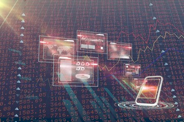 Poster - Stylized flat design showing hovering panels and smartphone projecting holographic financial charts