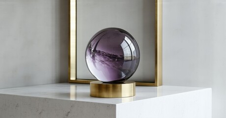Poster - Purple glass sphere rests upon brass base. Minimalist interior design features neutral tones, clean lines, reflective surfaces. Elegant display piece.