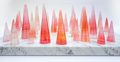 Poster - Glass cones rest upon marble surface. Colors range from pale yellow to deep red. Minimalist composition, elegant display.