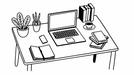 Poster - A desk setup with a laptop, books, plant, phone, notebook, and coffee cup in a black and white drawing created with generated ai