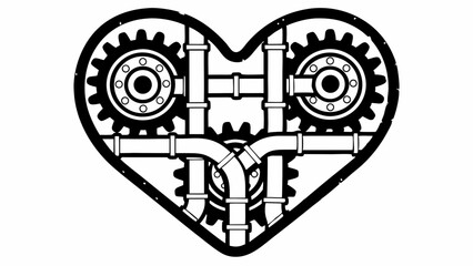 Poster - Steampunk heart design featuring gears and pipes in black and white mechanical love illustration art created with generated ai
