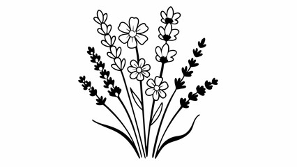 Poster - Illustration of a bouquet with lavender and daisies in black and white outline style vector design created with generated ai