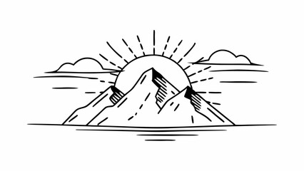 Poster - line art illustration of mountains with a sun rising behind them and clouds in the sky above water c