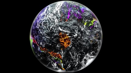Wall Mural - 3d render of abstract art video animation glass ball with organic bacteria shape stone rock coral reef inside in deformation transformation process in white purple and green colors on black background