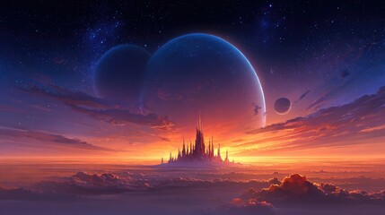 Wall Mural - A majestic city floats above a colorful sunrise among distant planets.