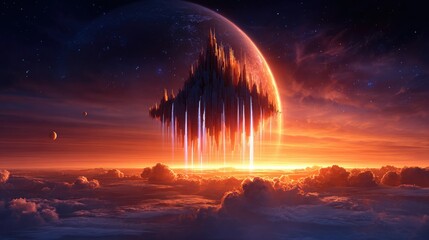 Wall Mural - Floating city structure above a planet, bathed in golden light.