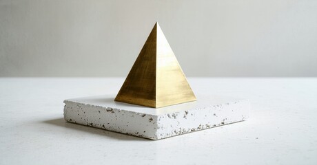 Poster - Golden pyramid rests upon porous white block. Minimalist composition, soft lighting, simple geometry, clean aesthetic. Focus on form, texture, contrast.