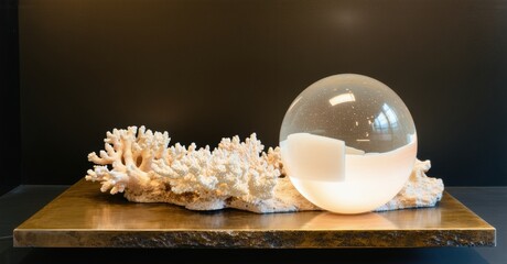 Poster - Glass sphere rests upon coral, wood surface. Soft light emanates from within, creating warm glow. Minimalist composition, elegant display.