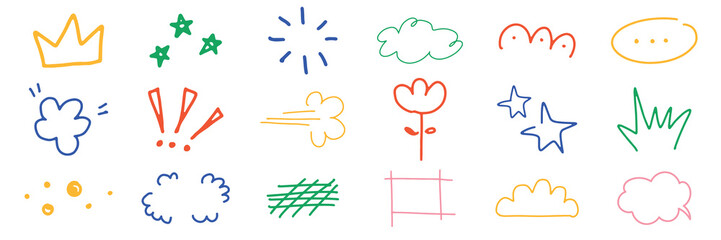 Poster - Colorful doodles featuring stars, clouds, and flowers. Bright doodles with stars, clouds, and flowers. Fun and playful doodles of stars, clouds, and flowers. Colorful doodle elements, vector set.