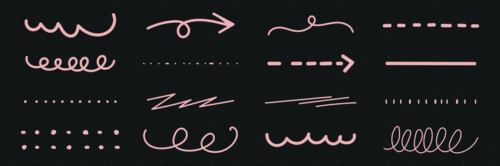 Poster - Set of pink doodle lines and arrows on a dark background. Includes swirls, arrows, and zigzags. Doodle lines and arrows in various styles. Colorful doodle elements, vector set.