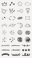 Poster - Collection of hand-drawn doodles, featuring stars, clouds, and abstract shapes. Doodles include stars, clouds, and playful abstract shapes in black ink. Black hand drawn elements, vector set.