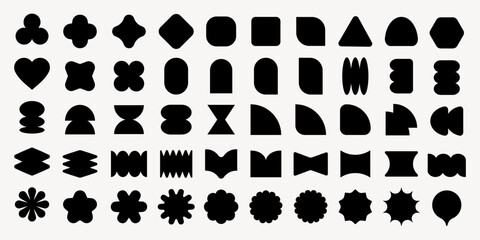 Poster - Collection of geometric shapes, including circles, squares, triangles, and hexagons. Geometric shapes in black on a grid background. Various geometric designs. Black shapes, vector element set.