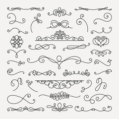 Poster - Elegant swirl dividers in black, featuring various decorative swirls, curls, and lines. Swirl designs perfect for invitations, borders, and decorative accents. Hand drawn ornament vector set.