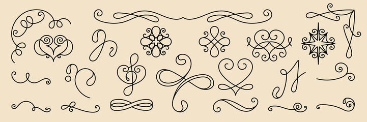 Poster - Elegant swirl dividers in black, featuring various decorative swirls, curls, and lines. Swirl designs perfect for invitations, borders, and decorative accents. Hand drawn ornament vector set.