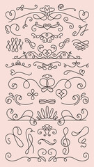 Poster - Elegant swirl dividers in black, featuring various decorative swirls, curls, and lines. Swirl designs perfect for invitations, borders, and decorative accents. Hand drawn ornament vector set.