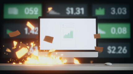 Poster - Market Meltdown: A computer screen displays a financial graph amidst an explosive, catastrophic event. Illustrating the chaos of market downturns and economic instability.