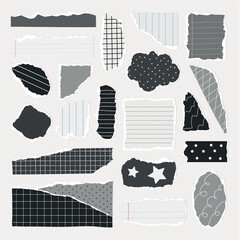 Poster - Collection of torn paper pieces with various patterns. Torn paper, grid, polka dots, and stars. Torn paper for scrapbooking, collage, and design projects. Gray element vector set.