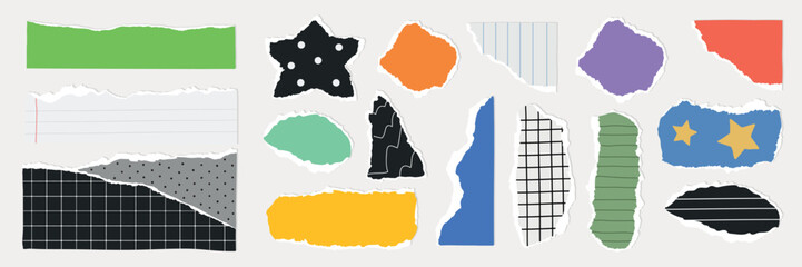 Poster - Collection of colorful torn paper scraps with various patterns like stars, polka dots, and grids. Includes vibrant colors like green, orange, and purple. Colorful patterned element vector set.