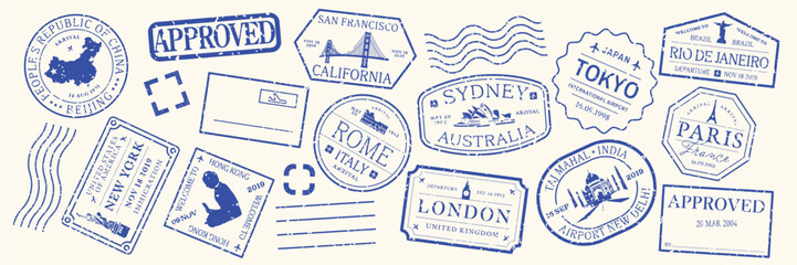 Poster - Colorful travel stamps featuring travel icons like planes, boats, and postcards. Travel-themed designs in vibrant colors, perfect for travel enthusiasts. Colorful travel stamps, vector set.