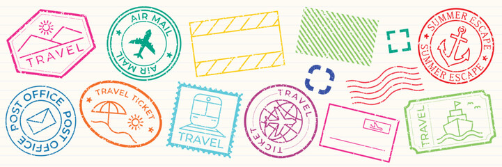 Poster - Colorful travel stamps featuring travel icons like planes, boats, and postcards. Travel-themed designs in vibrant colors, perfect for travel enthusiasts. Colorful travel stamps, vector set.
