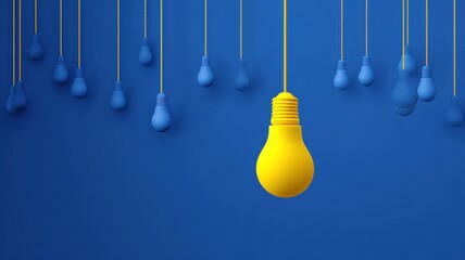 Poster - Bright yellow light bulb among blue hanging bulbs on a vibrant blue background.