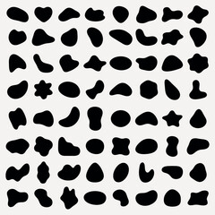 Poster - Abstract black shapes on a white background. Organic, irregular forms. Various blob-like, fluid shapes. Artistic, abstract design with unique shapes. Black shape vector set.