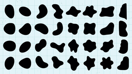 Poster - Abstract black shapes on a white background. Organic, irregular forms. Various blob-like, fluid shapes. Artistic, abstract design with unique shapes. Black shape vector set.