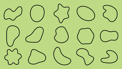 Poster - Abstract shapes in black outlines on a light green background. Organic shapes, simple design, minimalist style. Perfect for creative projects and design inspiration. Black shape vector set.