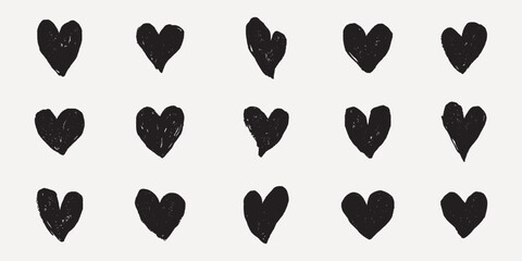Poster - Pattern of black hearts. Black hearts arranged in rows. Simple black hearts on a white background. Black hearts repeated in a grid pattern. Hand drawn Valentine's Day vector set.