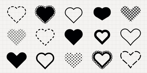 Poster - Set of black heart icons with various patterns. Heart shapes with dots, lines, and scalloped edges. Diverse heart designs for creative projects. Black Valentine's Day elements, vector set.