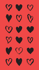 Poster - Pattern of black hearts on a red background. Repeated heart shapes in various styles. Black hearts on red, creating a bold and striking visual effect. Cute hand drawn Valentine's Day vector set.