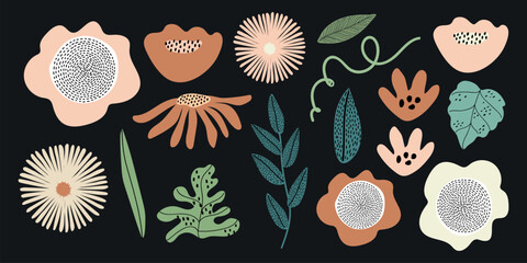 Poster - Colorful floral illustrations with leaves and flowers. Floral patterns in pink, green, and orange. Decorative flowers and leaves on a dark background. Pastel memphis element vector set.