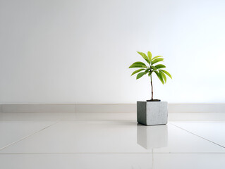 Poster - Small Potted Plant on White Floor with Minimalist Modern Wall Backdrop