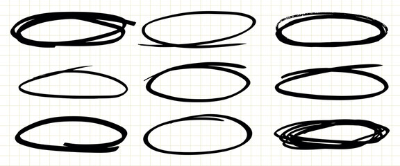Poster - Nine black hand-drawn circles on a grid background. Each circle is unique, showcasing different hand-drawn styles. Hand-drawn circles for creative designs. Hand drawn doodle frames, vector set.