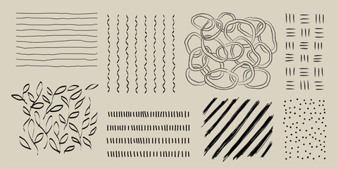 Poster - Abstract line patterns with various designs. Patterns include stripes, loops, and leaves. Line patterns create dynamic, artistic, and creative visuals. Element vector set.