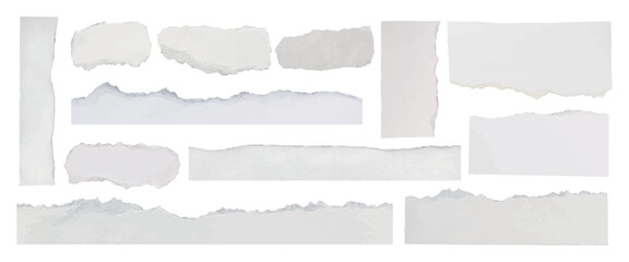 Poster - Torn paper edges, rough and textured. White torn paper strips, various shapes. Torn paper for scrapbooking, collage, and crafts. Torn paper, rough edges. Ripped element set. Vectors.