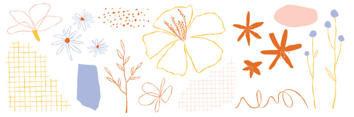 Poster - Colorful floral doodles with abstract shapes. Flowers and abstract patterns create a vibrant design. Floral elements and abstract forms blend beautifully. Hand drawn floral illustrations set Vectors.