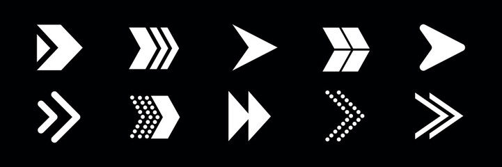 Poster - Set of white arrow icons on black background. Arrows pointing right. Geometric arrow designs. Directional arrow symbols. Vector arrow graphics. Graphic element set. Vectors.