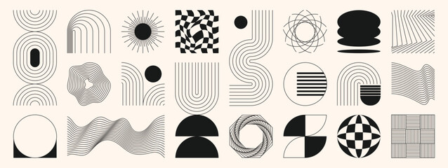 Poster - Abstract minimal element mid century vector set. Aesthetic contemporary stripe line art, geometric shape in monochrome. Art form design for wall art, decoration, wallpaper.
