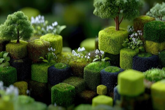 Lush Green 3D Cubes with Miniature Trees and Flowers