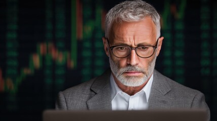 Poster - Dividend stocks, Investing. Focused businessman analyzing data on a laptop with financial charts in the background.